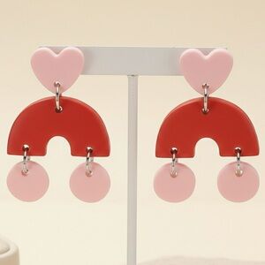 Geometric Three Tier Dangle Studs - Handmade Clay Earrings - Heart & Arch Detail